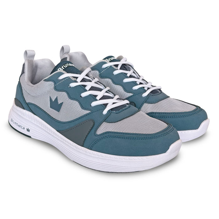 Brunswick Outback Grey Blue bowling shoes three-quarter view